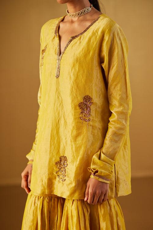 Ochre Mini Saifi Kurta with Tissue Sharara