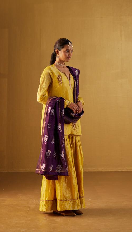 Ochre Mini Saifi Kurta with Tissue Sharara