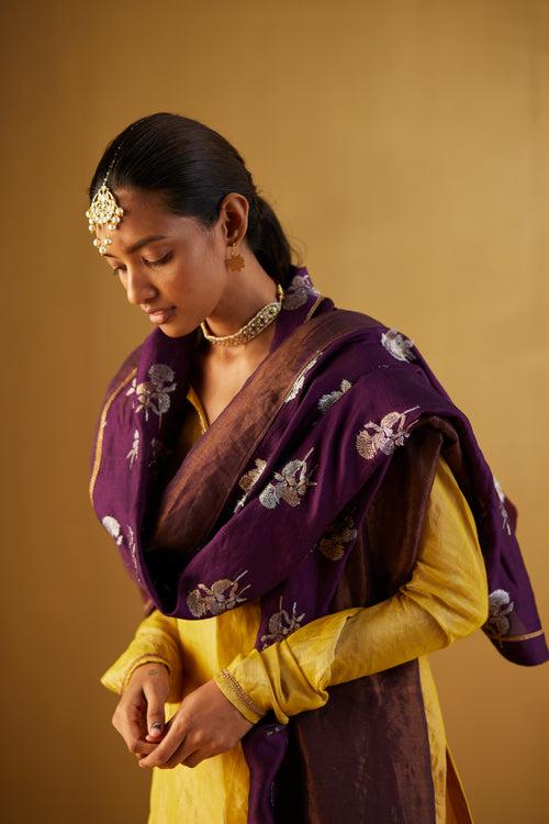 Purple Dupatta in Half Tissue & Half Brocade