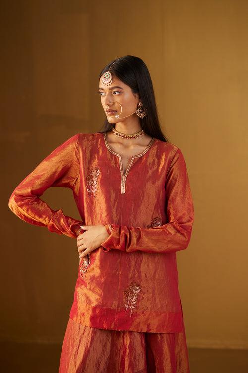 Red Mini Saifi Kurta with Tissue Garara