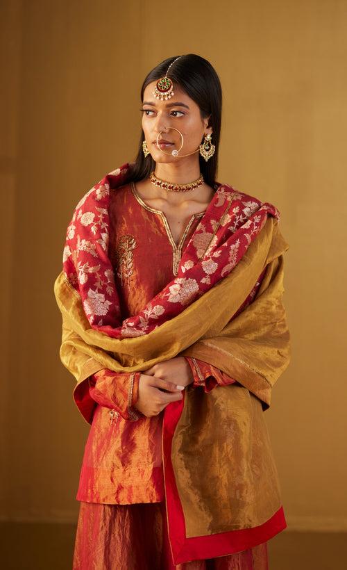 Red Dupatta in Half Tissue and Half Brocade