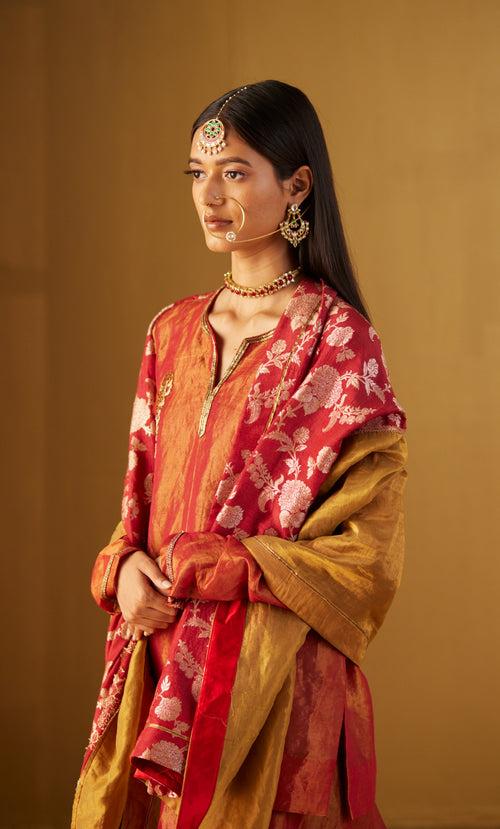 Red Dupatta in Half Tissue and Half Brocade