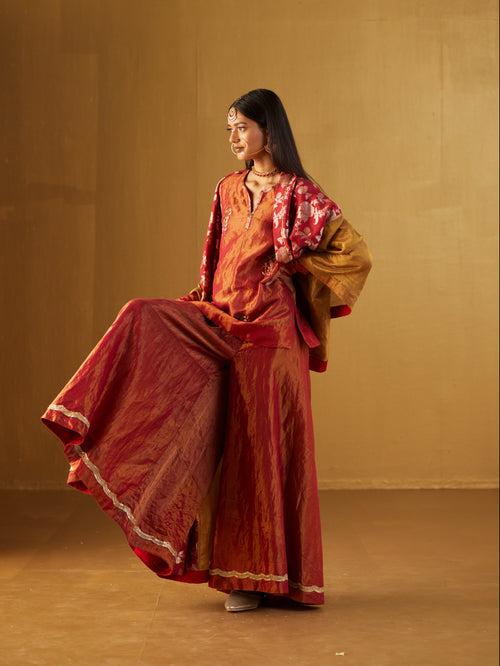 Red Mini Saifi Kurta with Tissue Garara