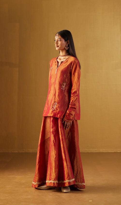 Red Mini Saifi Kurta with Tissue Garara