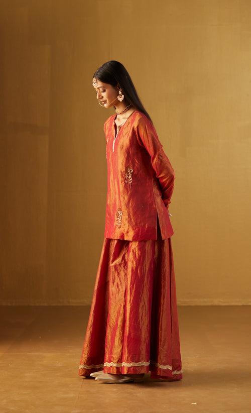 Red Mini Saifi Kurta with Tissue Garara