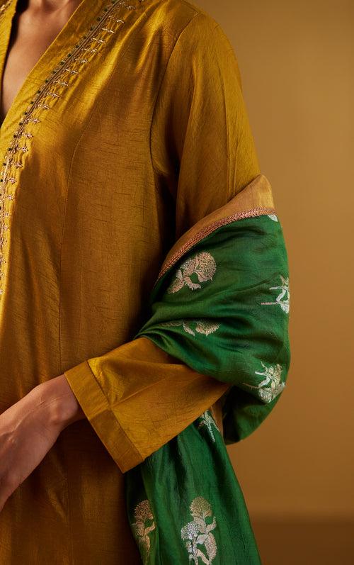 Green Dupatta in Half Tissue and Half Brocade