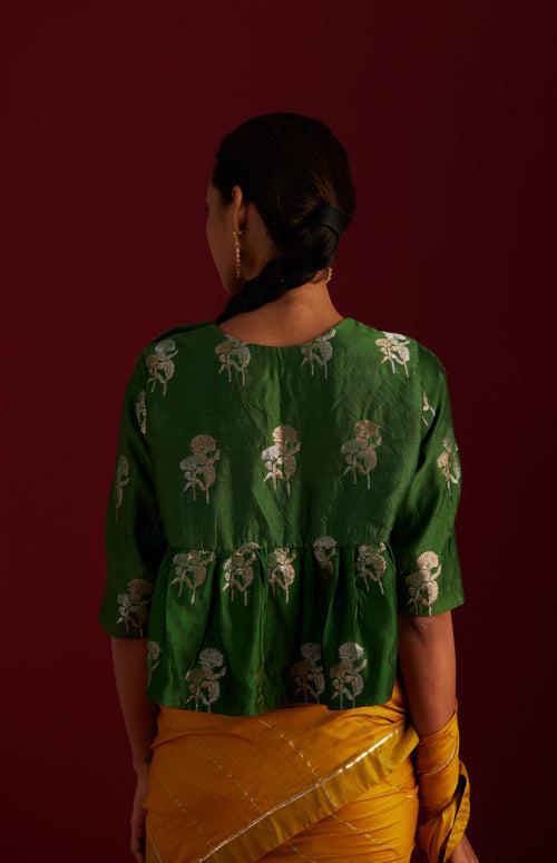 Empireline Blouse in Green Brocade