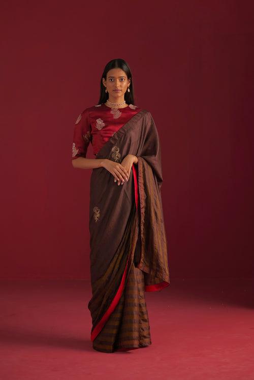 Sameera Saree in brown handloom zari stripe silk