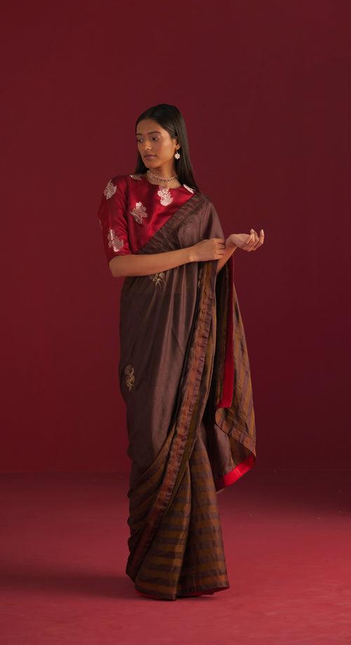 Sameera Saree in brown handloom zari stripe silk