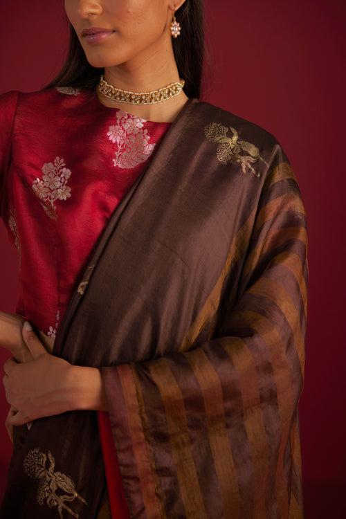 Sameera Saree in brown handloom zari stripe silk