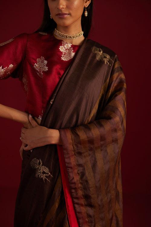 Sameera Saree in brown handloom zari stripe silk