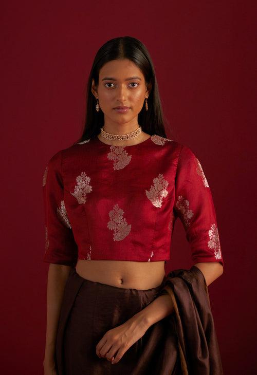 Zero Neck Blouse in Red Champa Brocade