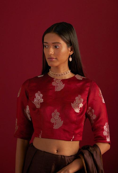 Zero Neck Blouse in Red Champa Brocade