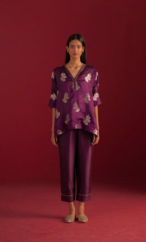 Brocade Kaftan Top in Purple with Pants