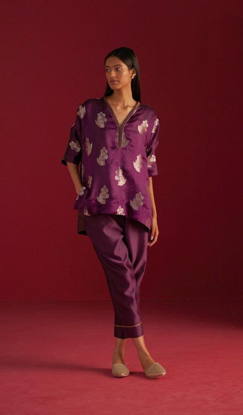 Brocade Kaftan Top in Purple with Pants