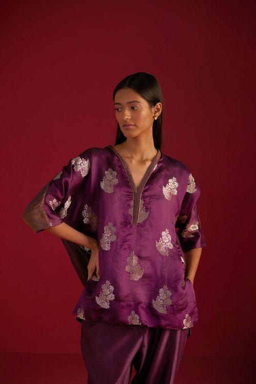 Brocade Kaftan Top in Purple with Pants