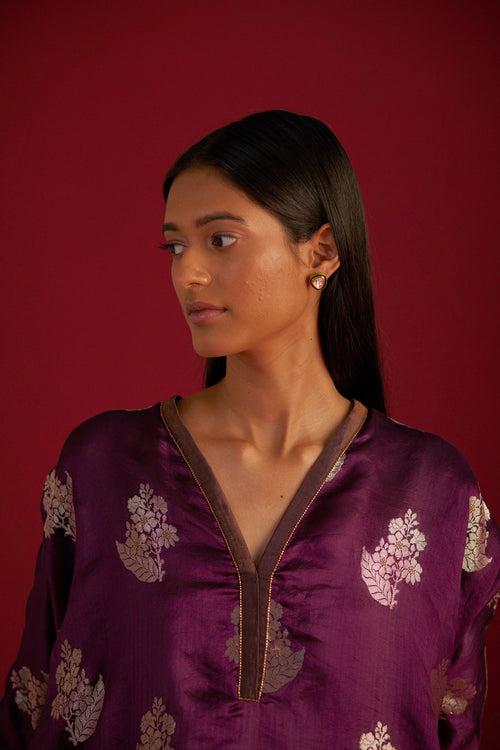 Brocade Kaftan Top in Purple with Pants