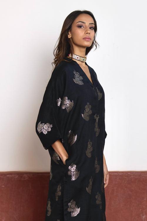 Shahi Kaftan in Black Brocade with Black Pant