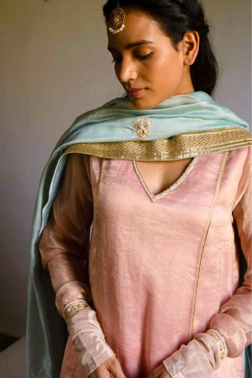 Anu kurta in Ash pink Handwoven Chanderi Silk & Tissue stripes  with pants