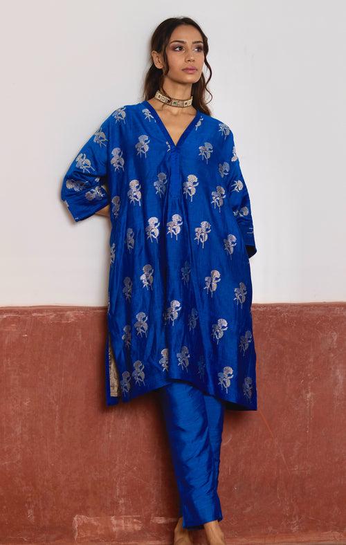 Shahi Kaftan in Blue Brocade with Blue Pant