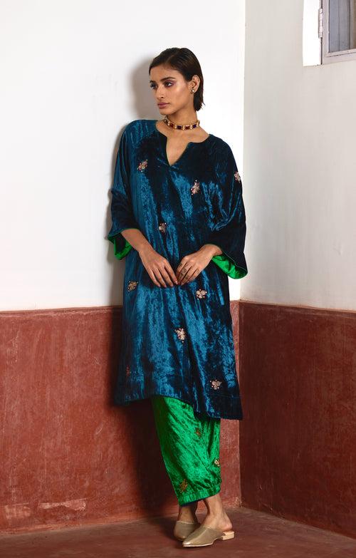 MD Kurta in Teal Velvet with Green Velvet Salwar