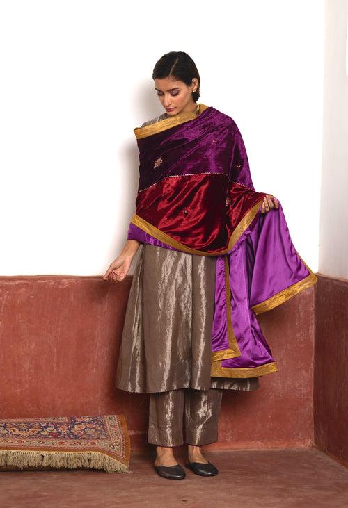 Half & Half  Velvet Dupatta in Red and Purple