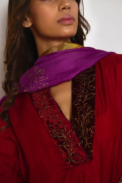 Sashiko Kurta in Red Silk with Purple Pant