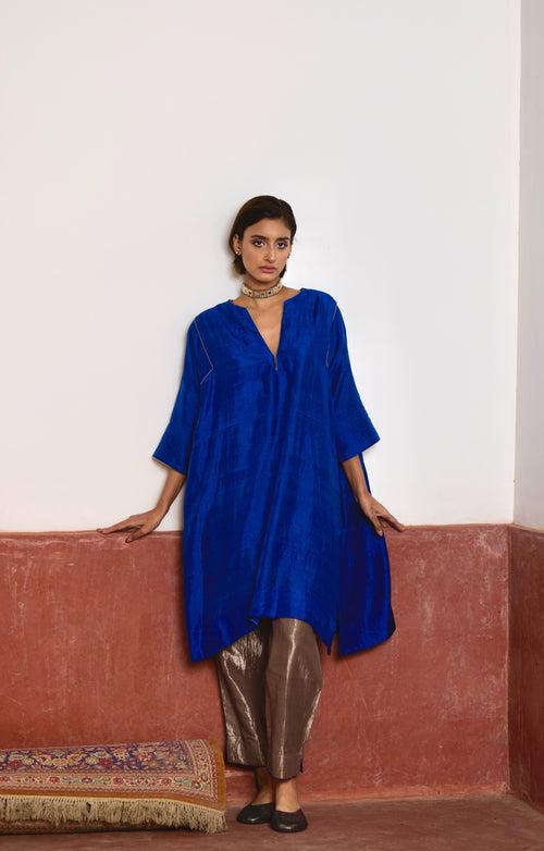 Jhabla Kurta in Blue Silk with Silver Tissue Pant