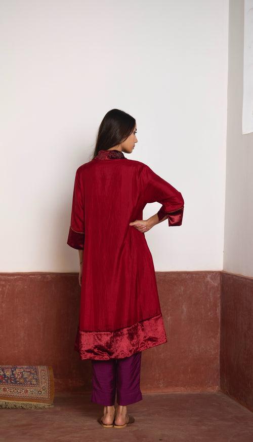 Sashiko Kurta in Red Silk with Purple Pant