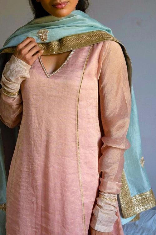 Anu kurta in Ash pink Handwoven Chanderi Silk & Tissue stripes  with pants