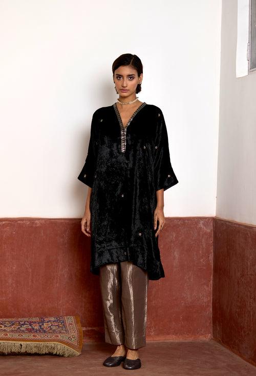 Kaftan in Black Velvet with Silver Tissue Pant