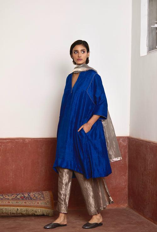 Jhabla Kurta in Blue Silk with Silver Tissue Pant