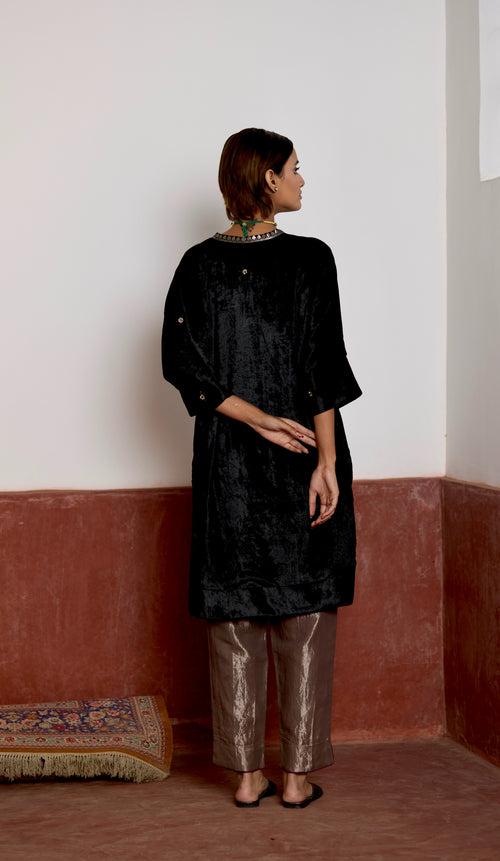 Kaftan in Black Velvet with Silver Tissue Pant