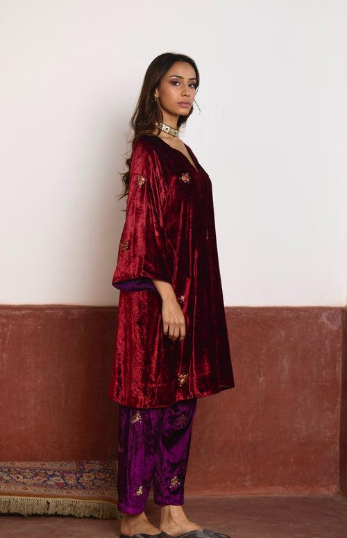 MD Kurta in Red Velvet with Purple Velvet Salwar