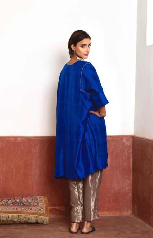 Jhabla Kurta in Blue Silk with Silver Tissue Pant