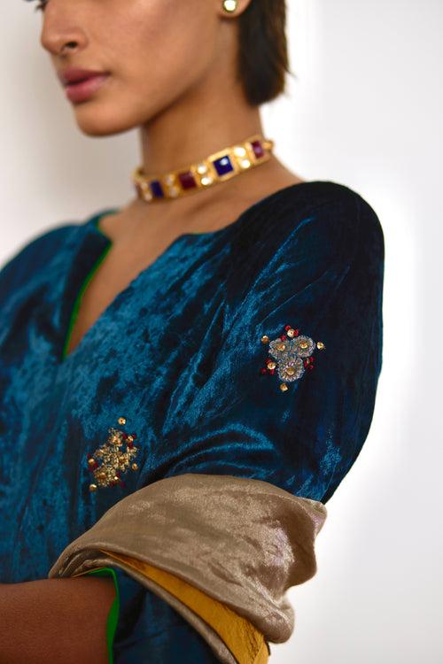 MD Kurta in Teal Velvet with Green Velvet Salwar