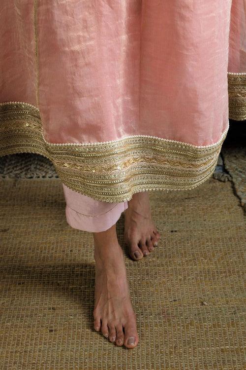 Anu kurta in Ash pink Handwoven Chanderi Silk & Tissue stripes  with pants