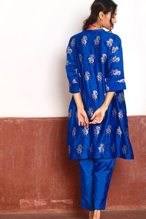 Shahi Kaftan in Blue Brocade with Blue Pant