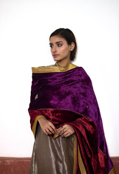 Half & Half  Velvet Dupatta in Red and Purple