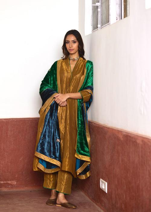 Long Sashiko Kurta in Gold Tissue with Gold Pant