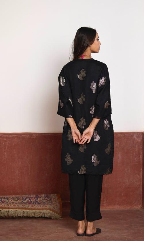 Shahi Kaftan in Black Brocade with Black Pant