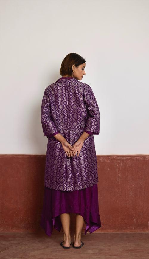 Asymmetrical Dress in Purple Silk with Purple Brocade Sally Jacket