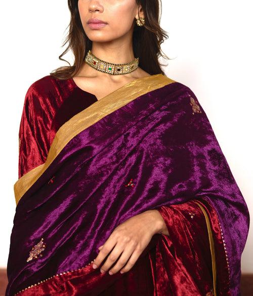 Half & Half  Velvet Dupatta in Red and Purple