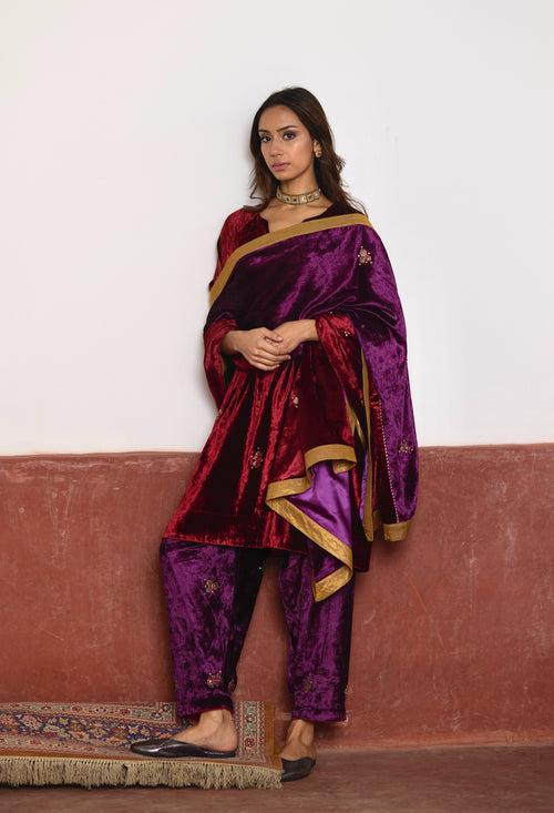 MD Kurta in Red Velvet with Purple Velvet Salwar