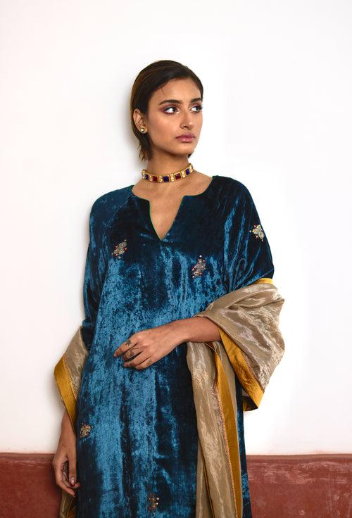 MD Kurta in Teal Velvet with Green Velvet Salwar