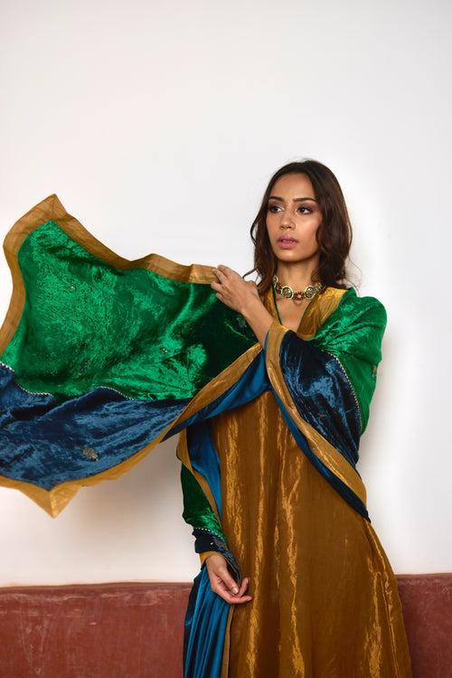 Half & Half Velvet Dupatta in Teal and Green