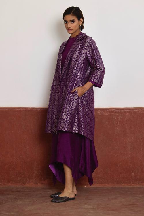 Asymmetrical Dress in Purple Silk with Purple Brocade Sally Jacket