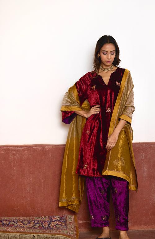 MD Kurta in Red Velvet with Purple Velvet Salwar