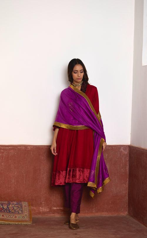 Sashiko Kurta in Red Silk with Purple Pant