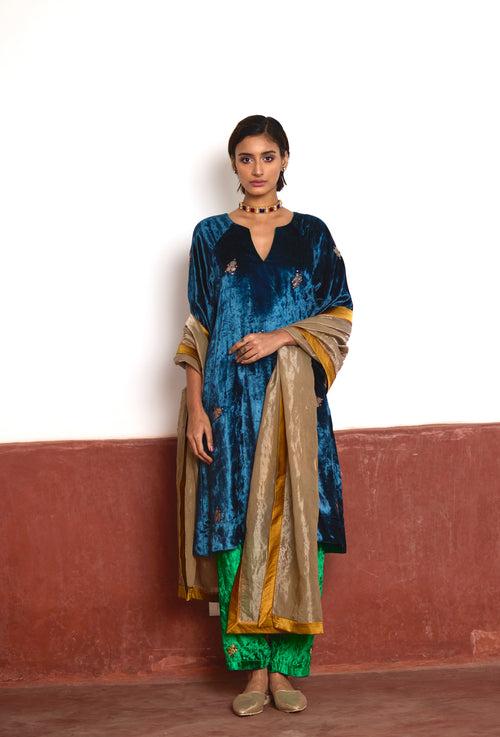 MD Kurta in Teal Velvet with Green Velvet Salwar